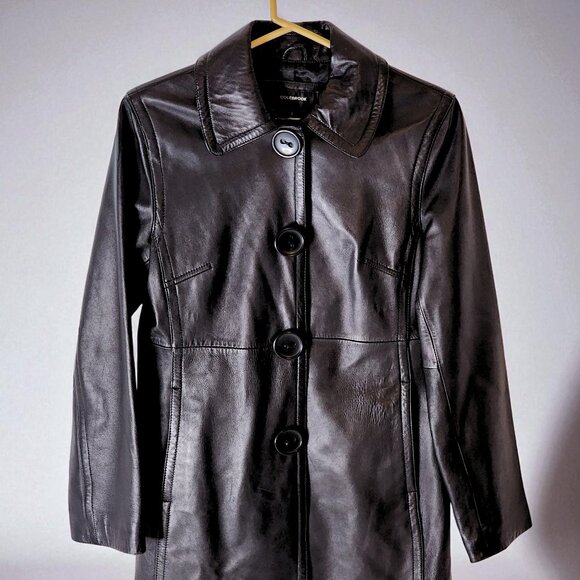 Colebrook Essentials Black Leather Snap Coat Women’s Small Long Trench Jacket - Picture 1 of 12